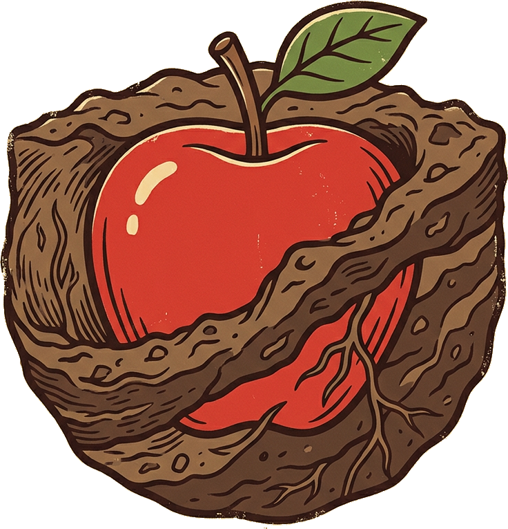 Literal illustration of "earth apple": an ordinary apple living in the earth, deep underground. From the Dutch word "aardappel", which means potato.