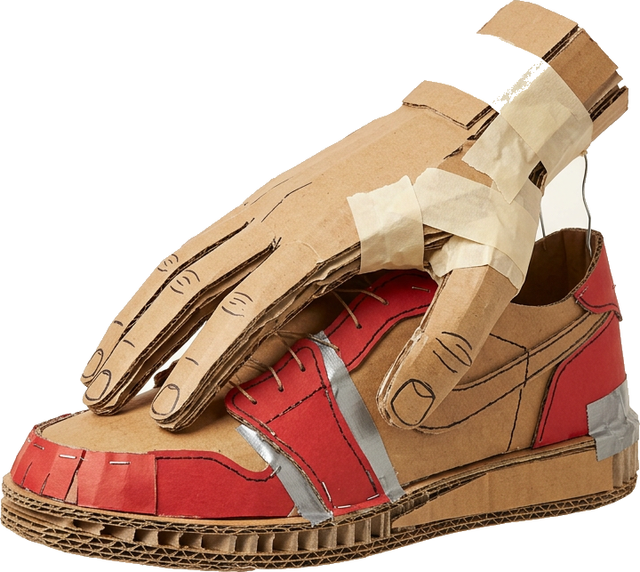 Literal illustration of "hand shoe": a single shoe being worn on a human hand. From the German word "Handschuh", which means glove.