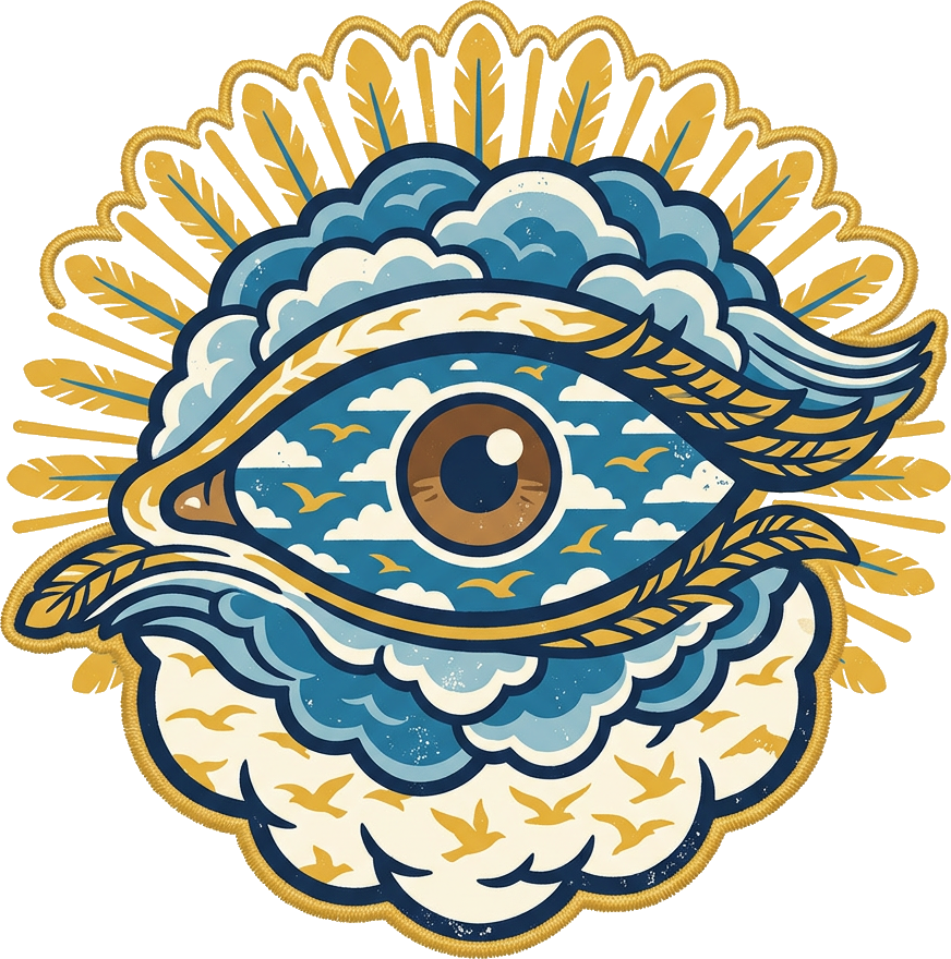 Literal illustration of "eye of the day": an ordinary eye living in the daytime sky. From the Indonesian word "matahari", which means the sun.