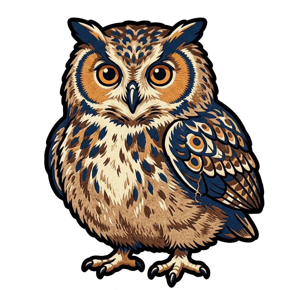 Literal illustration of "owl chick, the hatched young of a bird": a single strange chick, the hatched young of a bird, its whole anatomy transformed rather than shared: owl has grown directly out of its body, reshaping its surface, its silhouette, its material and its features from the inside, so the whole reads as one continuous form and never as separate things placed side by side. From the Dutch word "uilskuiken", which means owlet.