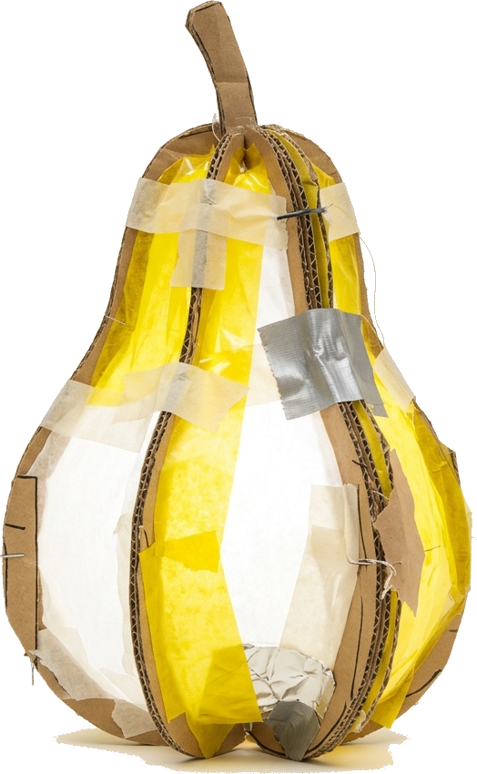 Literal illustration of "glowing pear": a single pear made entirely of glowing white-hot light. From the German word "Glühbirne", which means light bulb.