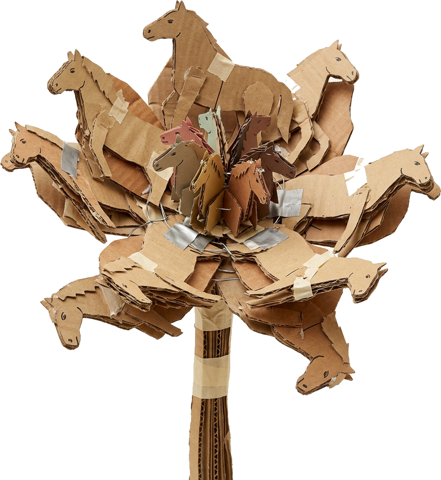 Literal illustration of "horses' flower": a single literal flower merged into one physical object together with horses, taken entirely at face value. From the Dutch word "paardenbloem", which means dandelion (the plant, Taraxacum).