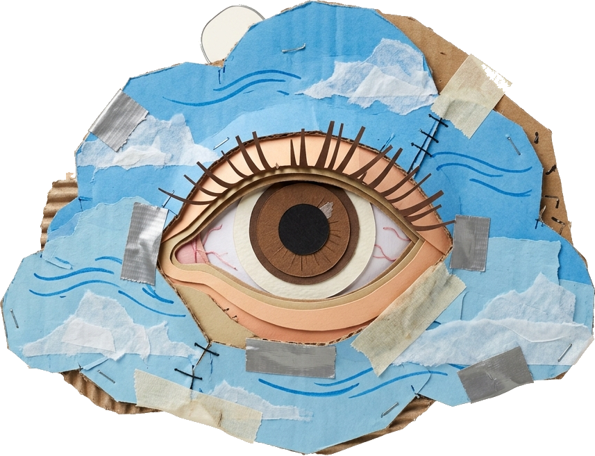 Literal illustration of "eye of the day": an ordinary eye living in the daytime sky. From the Indonesian word "matahari", which means the sun.