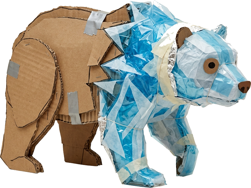 Literal illustration of "ice bear": a single literal bear merged into one physical object together with ice, taken entirely at face value. From the Dutch word "ijsbeer", which means polar bear.