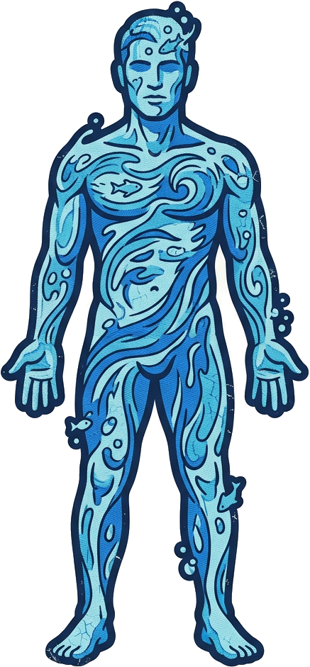Literal illustration of "water man": a single man made entirely of water. From the Danish word "vandmand", which means jellyfish.