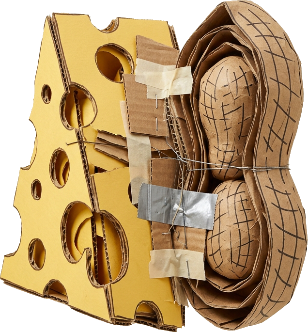 Literal illustration of "peanut cheese": a single literal cheese merged into one physical object together with peanut, taken entirely at face value. From the Dutch word "pindakaas", which means peanut butter.