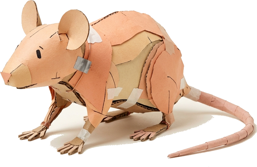 Literal illustration of "bald mouse": a single mouse whose outer surface is bald bare skin. From the French word "chauve-souris", which means bat (the animal).
