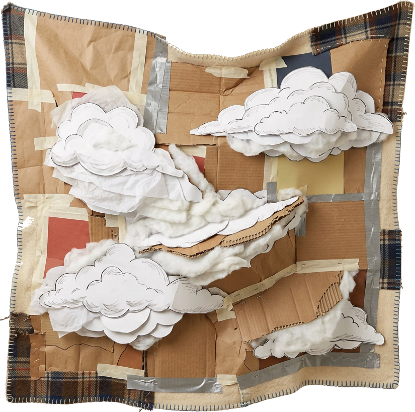 Literal illustration of "cloud blanket": a single literal cover/blanket merged into one physical object together with clouds', taken entirely at face value. From the Dutch word "wolkendek", which means cloud cover.