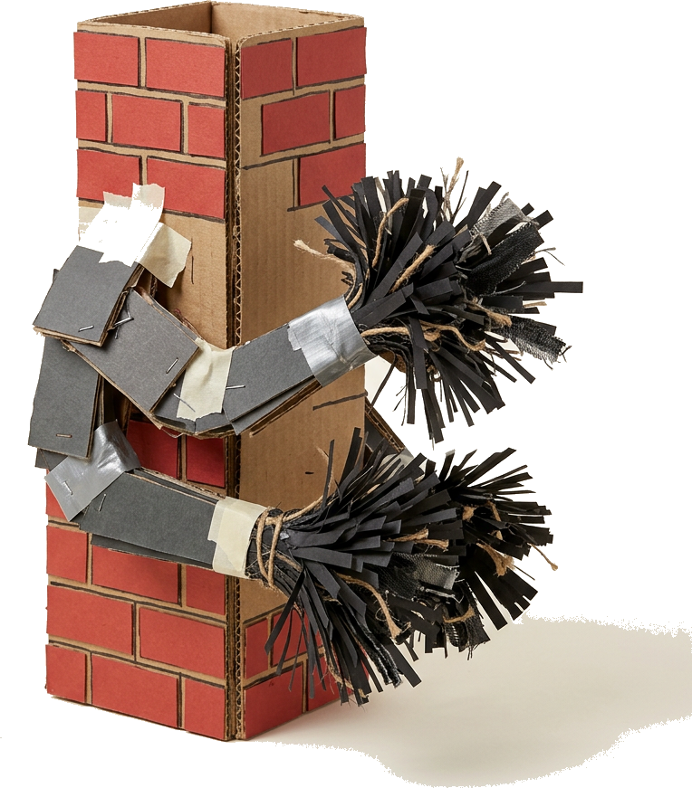 Literal illustration of "chimney sweeper": a single literal sweeper merged into one physical object together with chimney, taken entirely at face value. From the Dutch word "schoorsteenveger", which means chimney sweep.