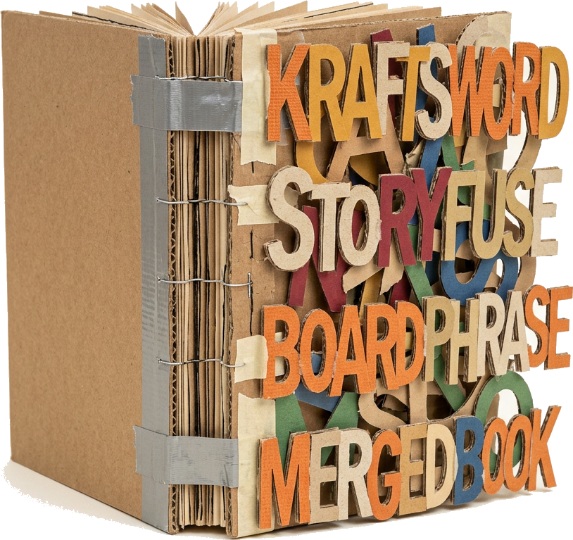 Literal illustration of "word book": a single literal book merged into one physical object together with words', taken entirely at face value. From the Dutch word "woordenboek", which means dictionary.