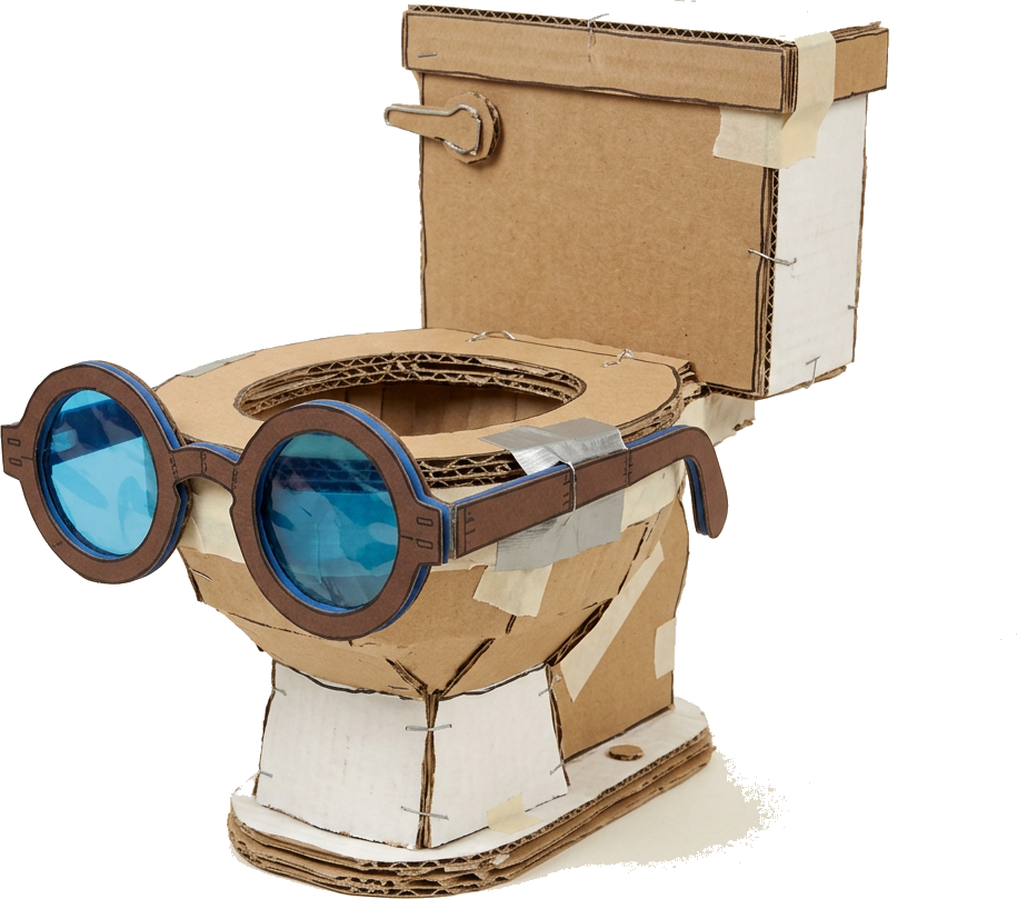 Literal illustration of "toilet glasses/rim": a single literal glasses/rim merged into one physical object together with toilet (WC), taken entirely at face value. From the Dutch word "wc-bril", which means toilet seat.