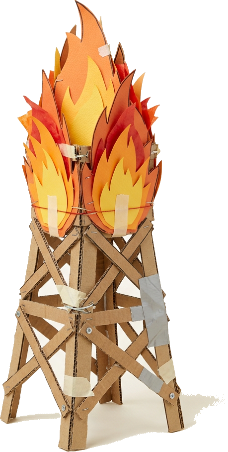 Literal illustration of "fire tower": a single literal tower merged into one physical object together with fire, taken entirely at face value. From the Dutch word "vuurtoren", which means lighthouse.