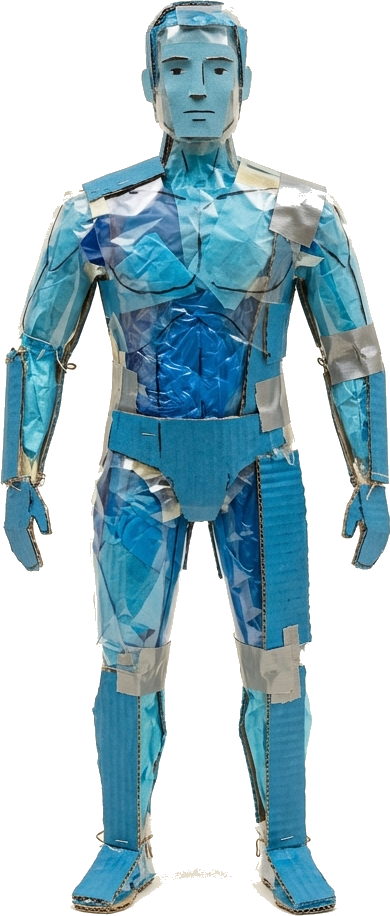 Literal illustration of "water man": a single man made entirely of water. From the Danish word "vandmand", which means jellyfish.