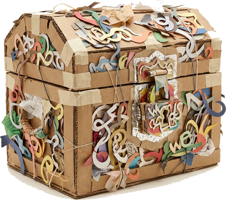 Literal illustration of "words' treasure": a single literal treasure merged into one physical object together with words', taken entirely at face value. From the Dutch word "woordenschat", which means vocabulary.