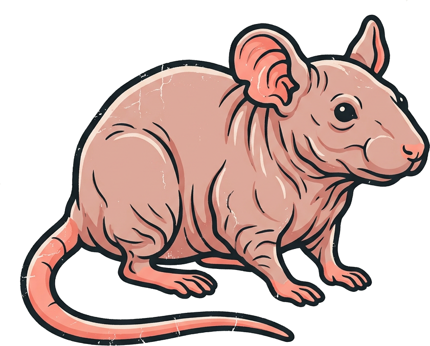 Literal illustration of "bald mouse": a single mouse whose outer surface is bald bare skin. From the French word "chauve-souris", which means bat (the animal).
