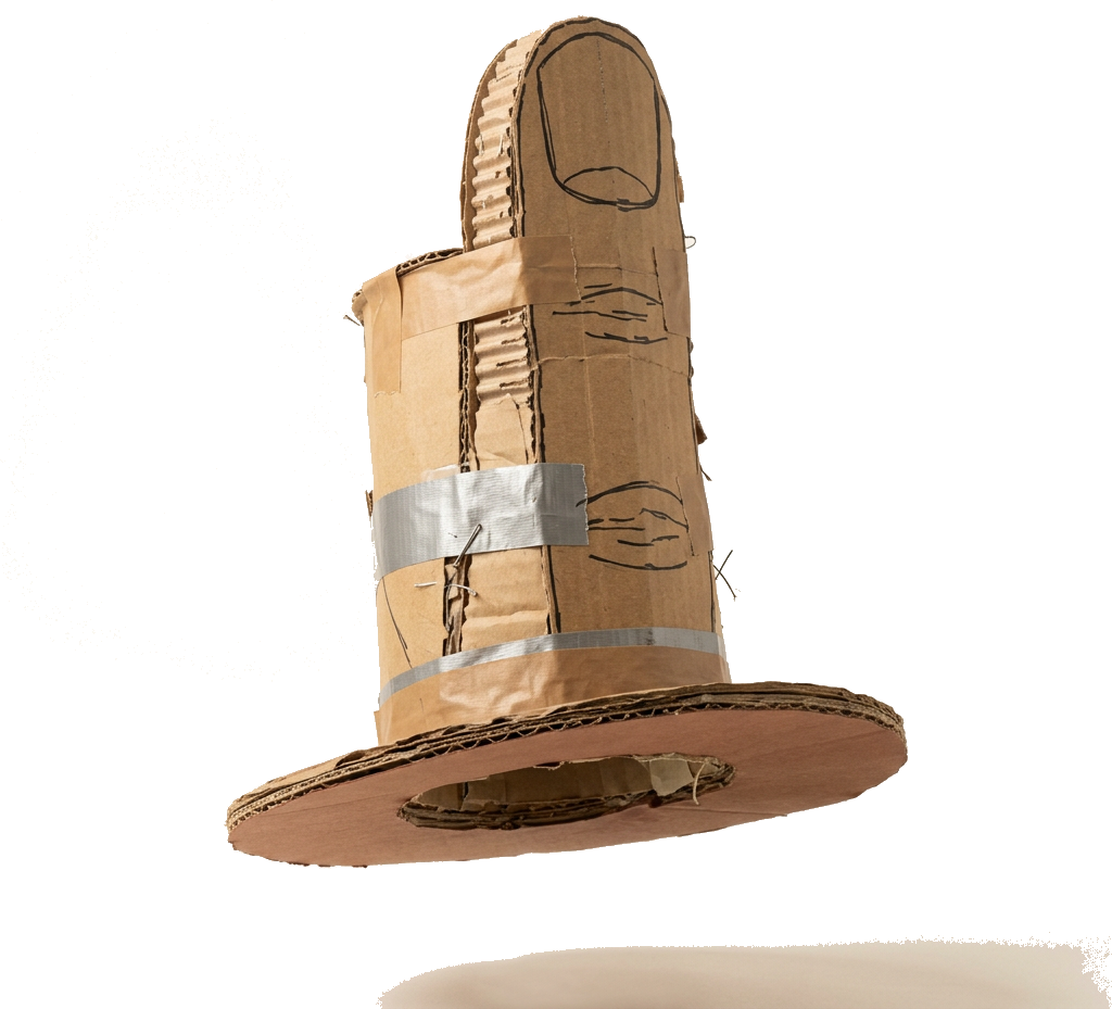 Literal illustration of "finger hat": a single literal hat merged into one physical object together with finger, taken entirely at face value. From the Dutch word "vingerhoed", which means thimble.