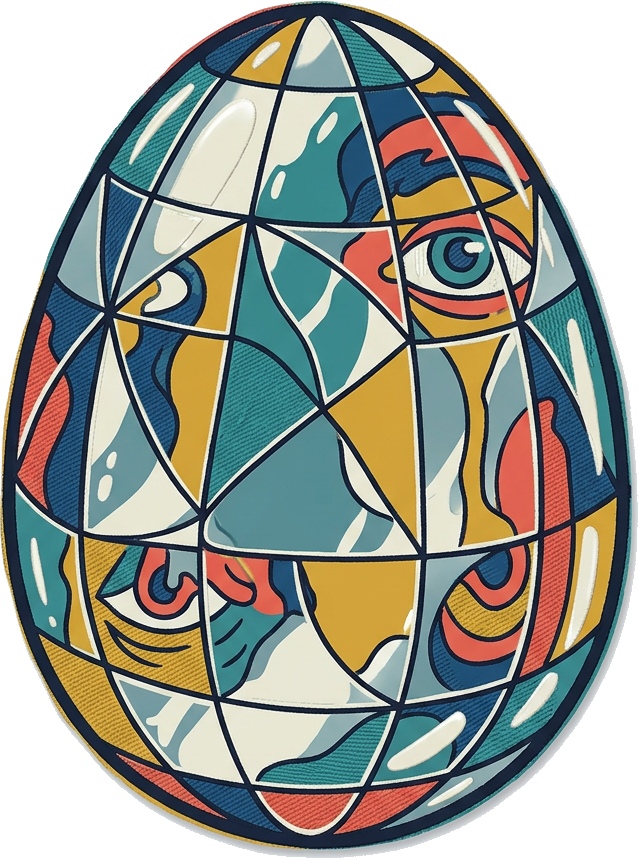 Literal illustration of "mirror egg": a single egg made entirely of mirror glass. From the Dutch word "spiegelei", which means fried egg, sunny side up.