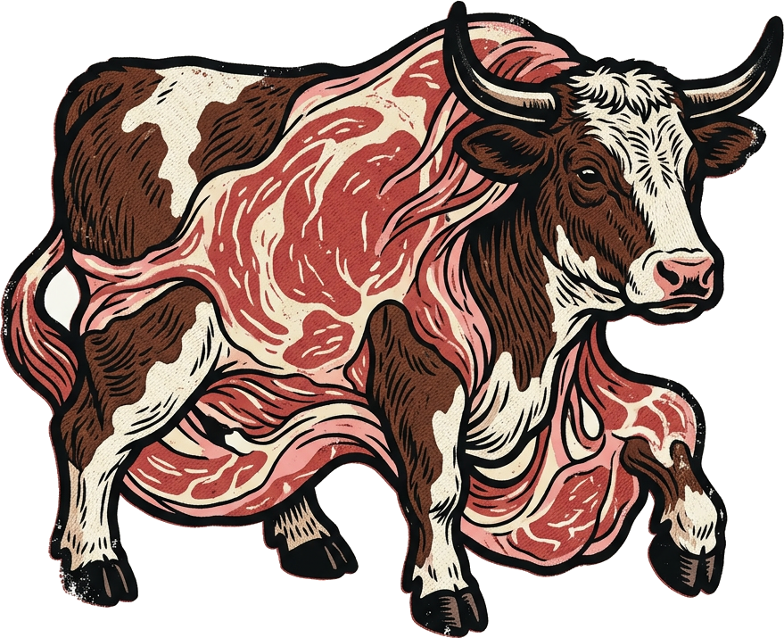 Literal illustration of "cattle meat": a single strange meat/flesh, its whole anatomy transformed rather than shared: cattle/ox has grown directly out of its body, reshaping its surface, its silhouette, its material and its features from the inside, so the whole reads as one continuous form and never as separate things placed side by side. From the Dutch word "rundvlees", which means beef.