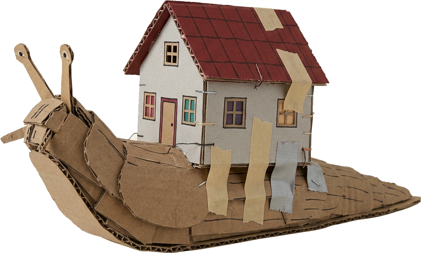 Literal illustration of "little-house slug/snail": a single literal slug/snail (generic term for gastropod mollusk) merged into one physical object together with little house (diminutive of huis, 'house'), taken entirely at face value. From the Dutch word "huisjesslak", which means A snail (a gastropod with a shell, as opposed to a slug).