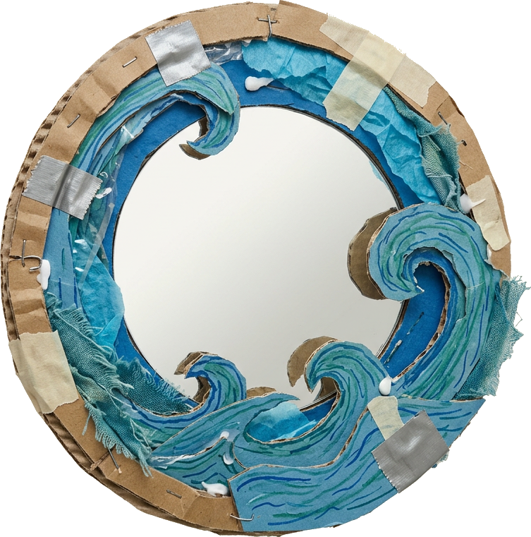 Literal illustration of "sea mirror": a single literal mirror merged into one physical object together with sea, taken entirely at face value. From the Dutch word "zeespiegel", which means sea level.