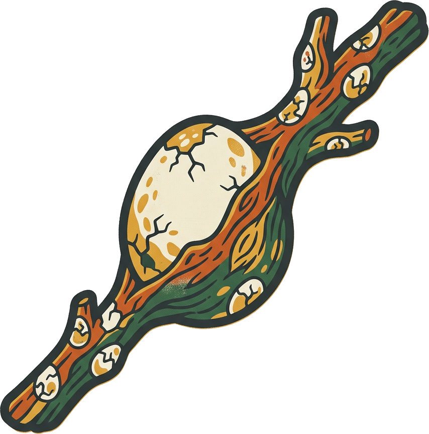 Literal illustration of "egg stock, stick": a single strange stock, stick, its whole anatomy transformed rather than shared: egg has grown directly out of its body, reshaping its surface, its silhouette, its material and its features from the inside, so the whole reads as one continuous form and never as separate things placed side by side. From the Dutch word "eierstok", which means ovary, the female animal's organ which produces eggs.
