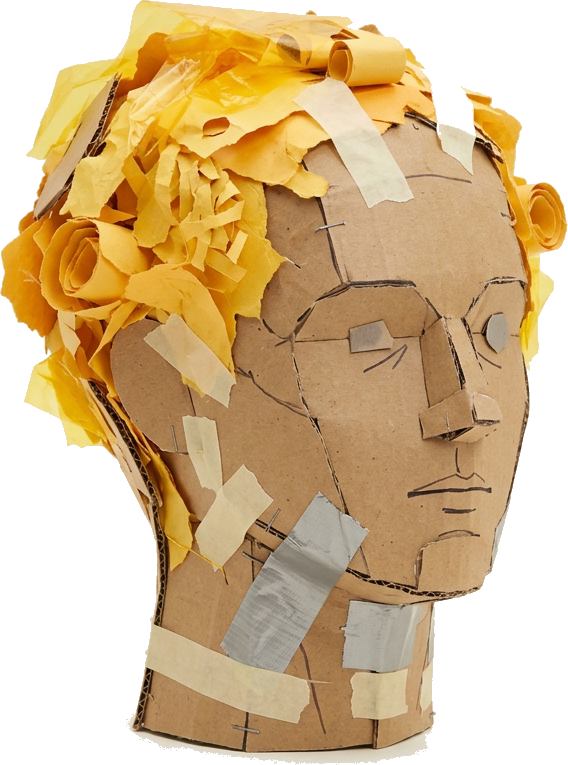 Literal illustration of "cheese head": a single strange head, its whole anatomy transformed rather than shared: cheese has grown directly out of its body, reshaping its surface, its silhouette, its material and its features from the inside, so the whole reads as one continuous form and never as separate things placed side by side. From the Dutch word "kaaskop", which means a Dutch person (colloquial, mildly teasing).