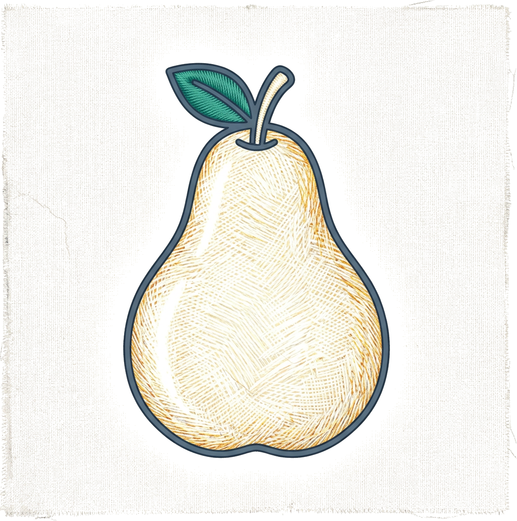 Literal illustration of "glowing pear": a single pear made entirely of glowing white-hot light. From the German word "Glühbirne", which means light bulb.